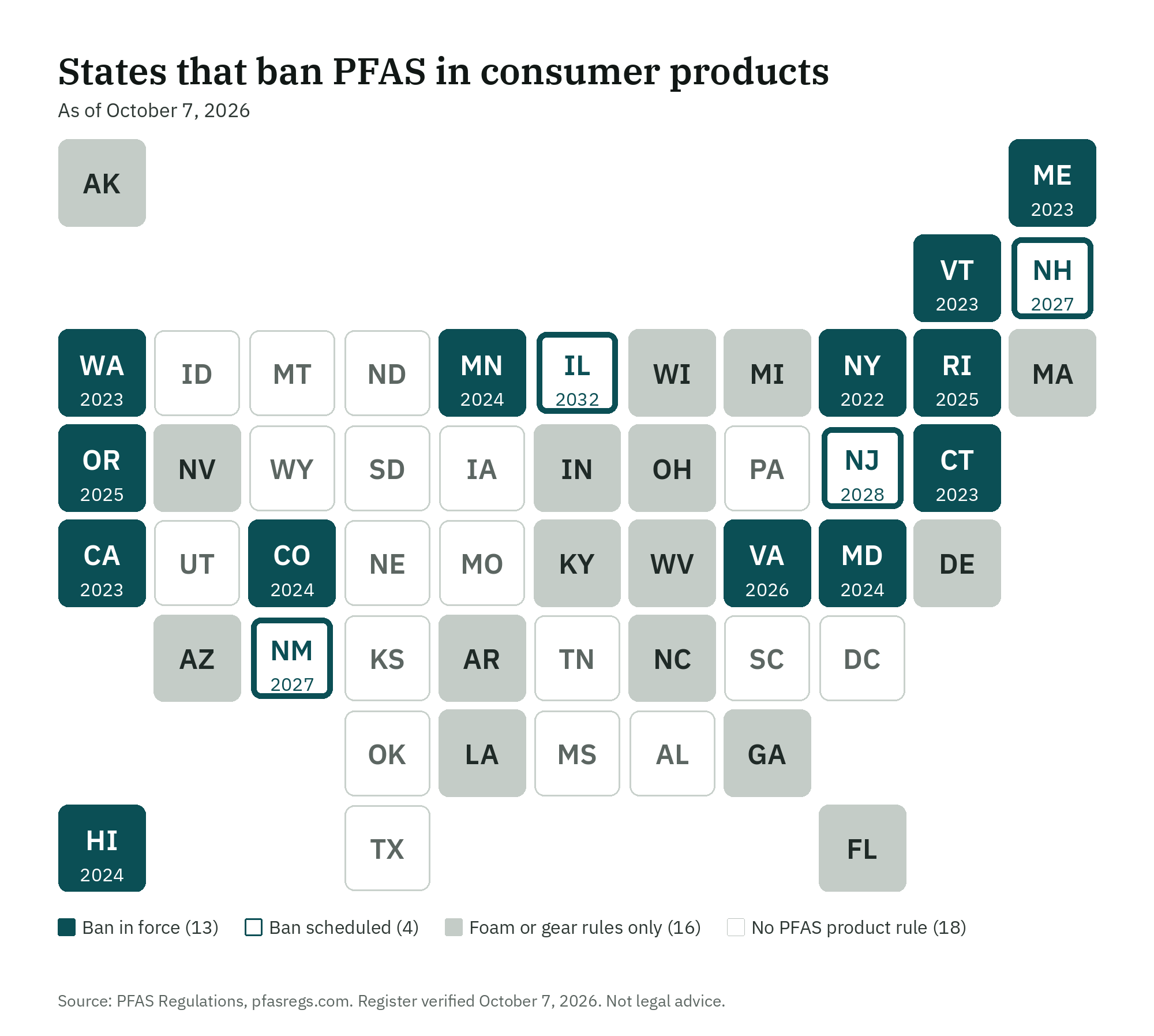 States that ban PFAS in consumer products, tile map by state