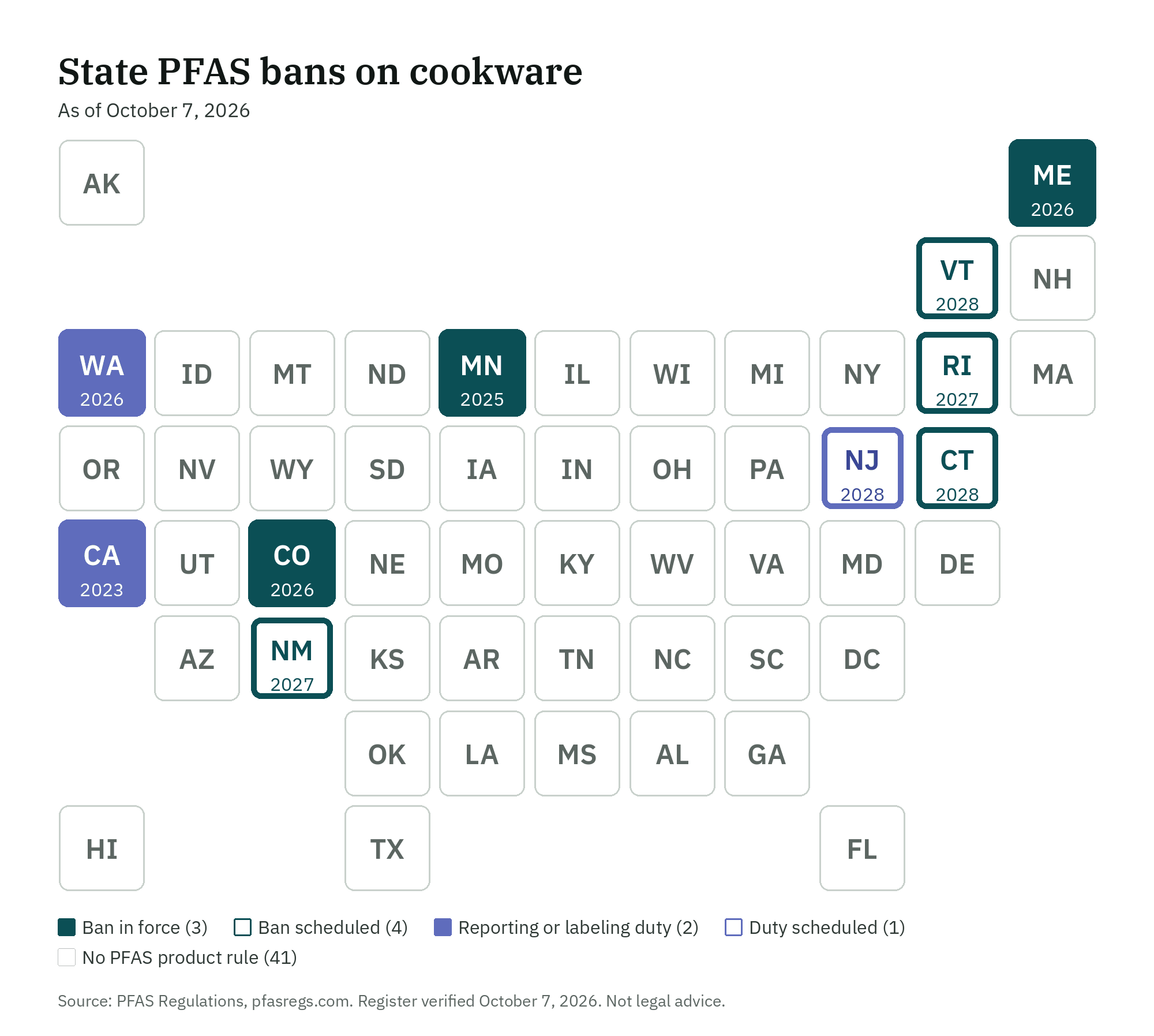 State PFAS bans on cookware, tile map by state