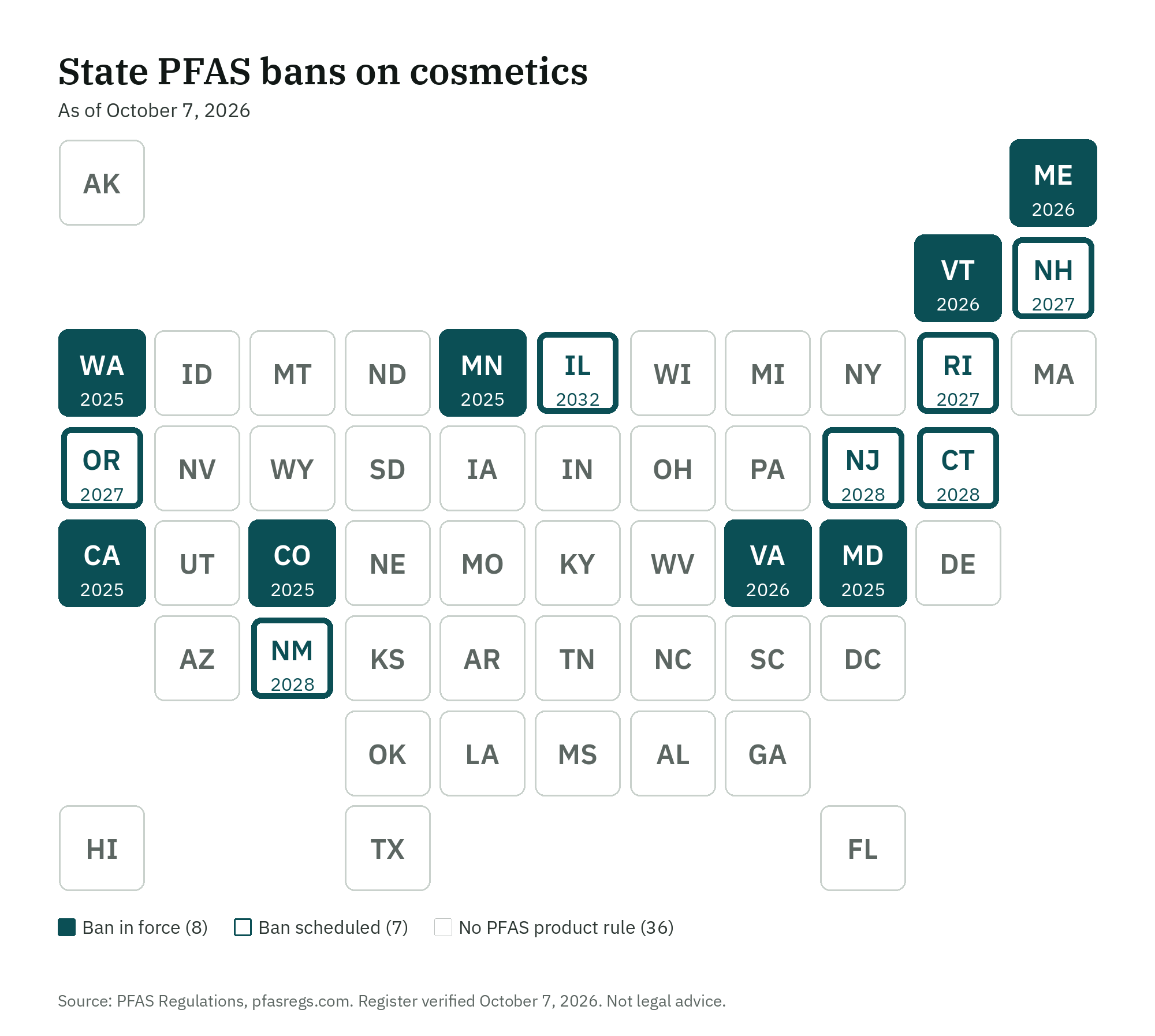 State PFAS bans on cosmetics, tile map by state